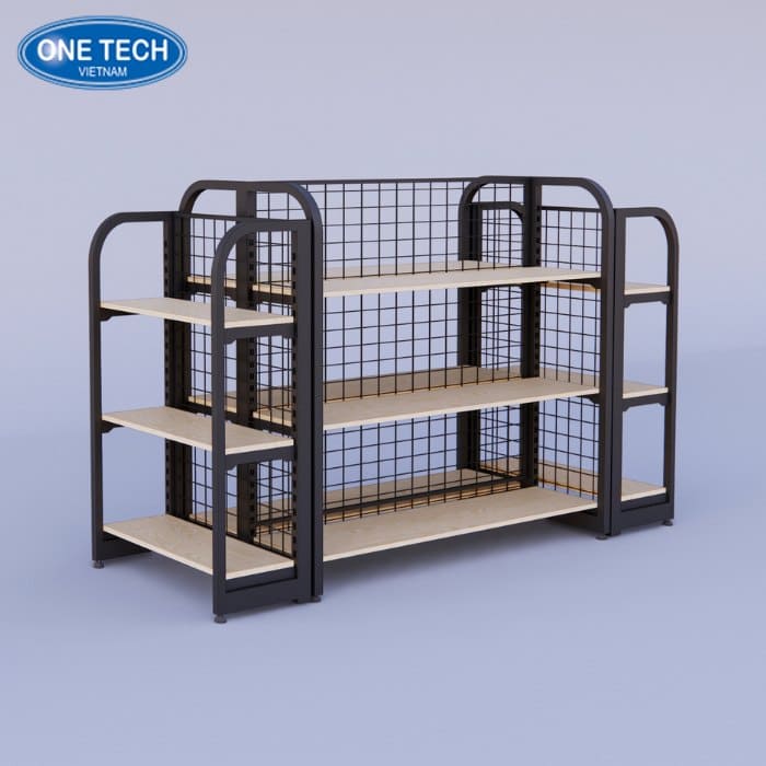 Kệ sắt kết hợp gỗ giữa nhà khung bo góc