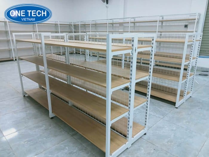 Kệ trưng bày sữa tắm sắt mặt gỗ