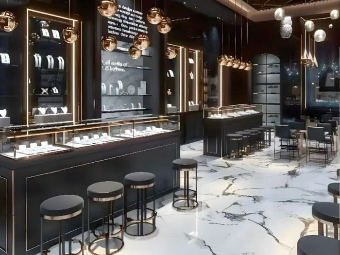 Mẫu thiết kế cửa hàng trang sức tone đen mạnh mẽ