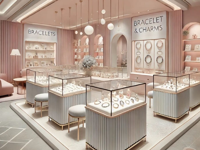 Mẫu thiết kế cửa hàng bán trang sức tone hồng nữ tính