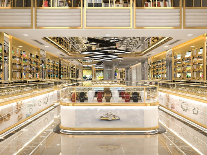 Mẫu thiết kế cửa hàng bán trang sức tone vàng sáng bóng