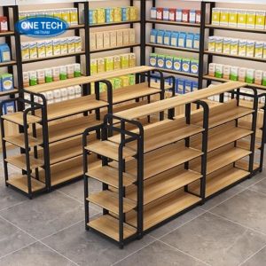 Kệ trưng bày gỗ phối sắt giữa nhà 01