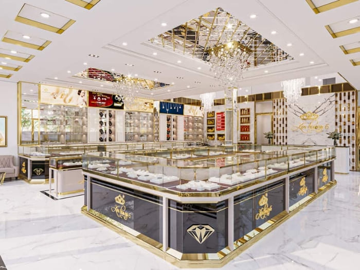 Mẫu thiết kế cửa hàng trang sức tone vàng phối đen