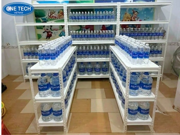 Kệ sắt trưng bày nước Aquafina chân chữ V giá rẻ