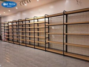 Kệ siêu thị đơn khung sắt mặt gỗ