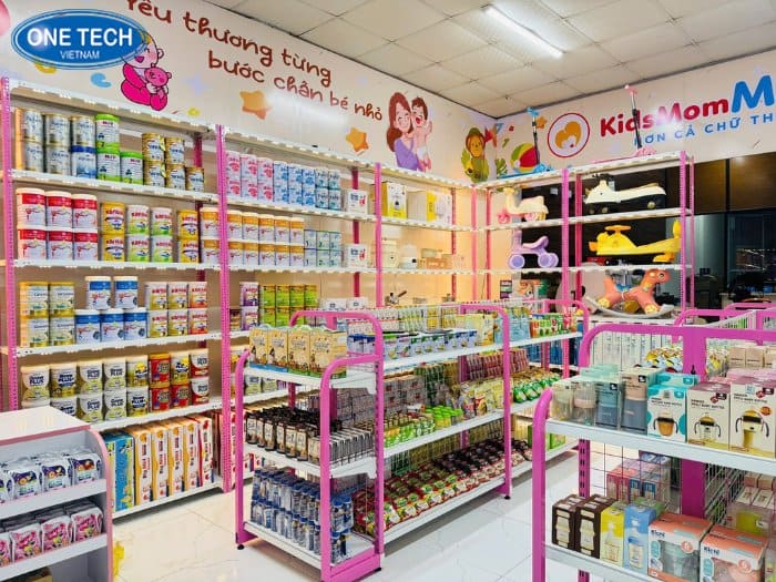 Kệ siêu thị phối kệ sắt V màu hồng trắng