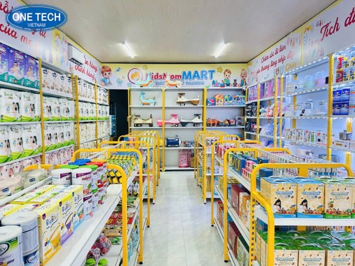 Kệ sắt V kết hợp kệ siêu thị màu trắng vàng