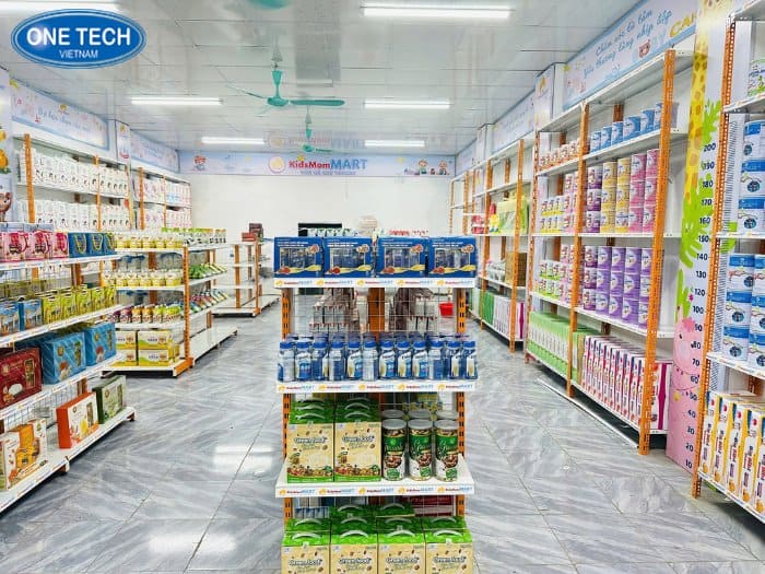 Kệ siêu thị kết hợp kệ sắt V màu trắng cam