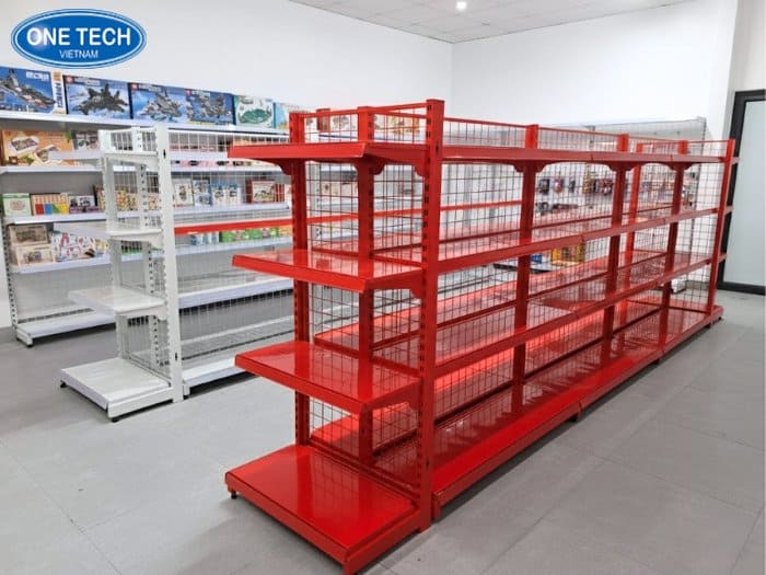 Kệ siêu thị lưng lưới màu đỏ thoáng, dễ đặt hàng