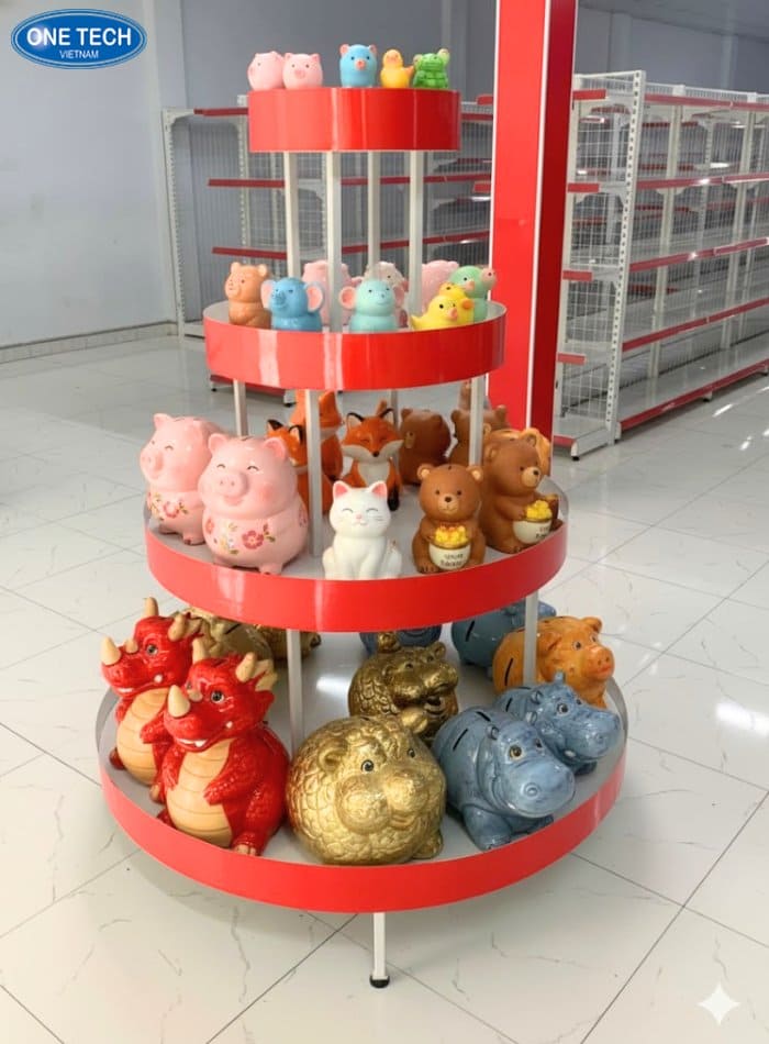 Kệ tròn độc đáo dùng trưng bày heo đất thêm thu hút