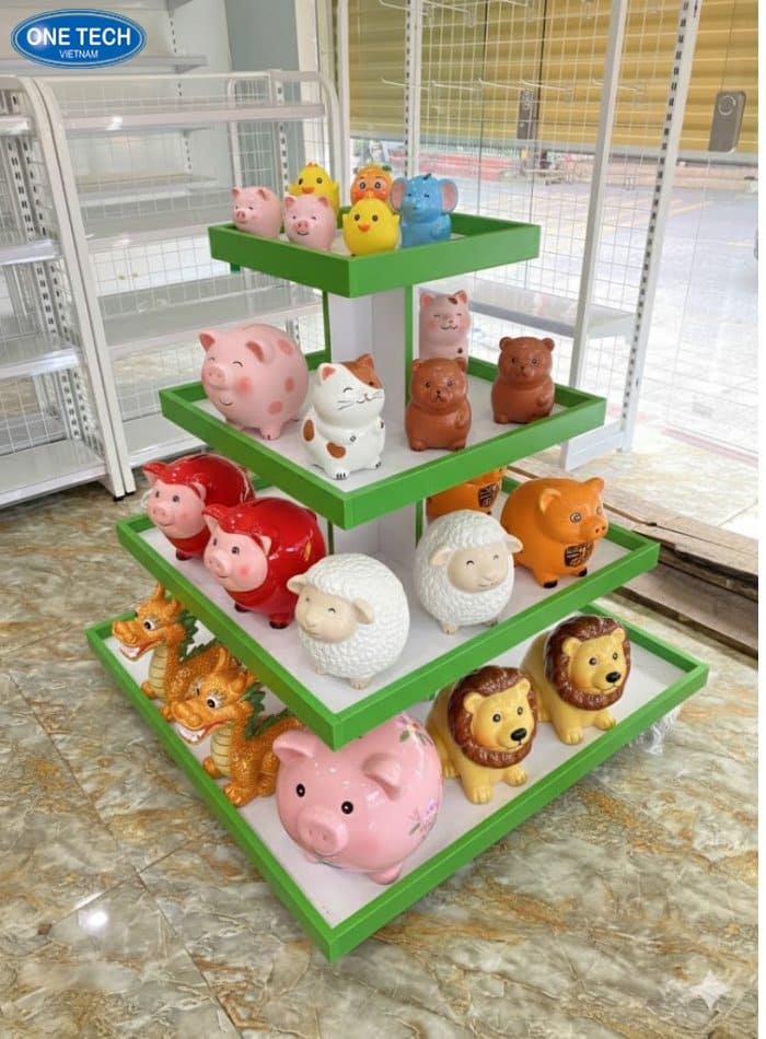 Kệ hình vuông nhiều tầng trưng bày heo đất
