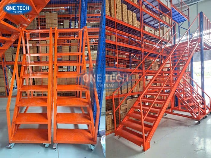 Hệ sàn được tích hợp thang di chuyển và lan can bảo vệ