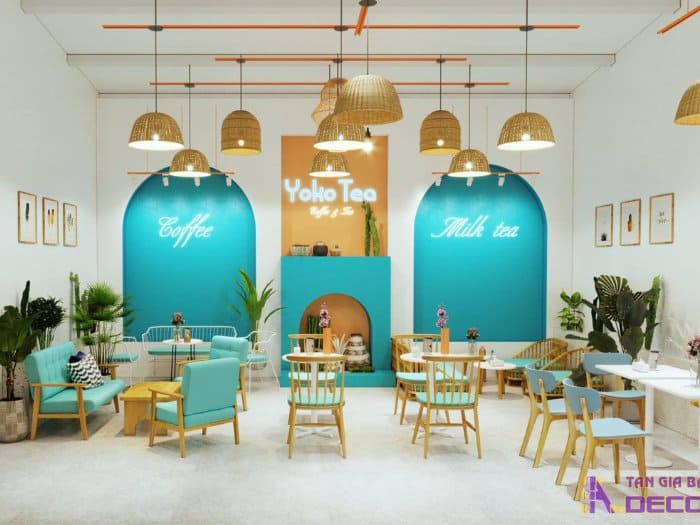 Mẫu thiết kế quán cafe đẹp, màu sắc nổi bật