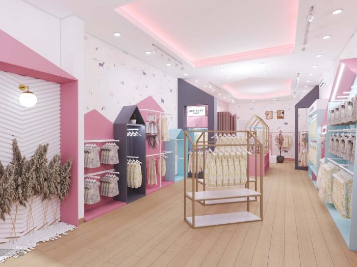 Cửa hàng quần áo trẻ em phối nhiều màu sắc rực rỡ