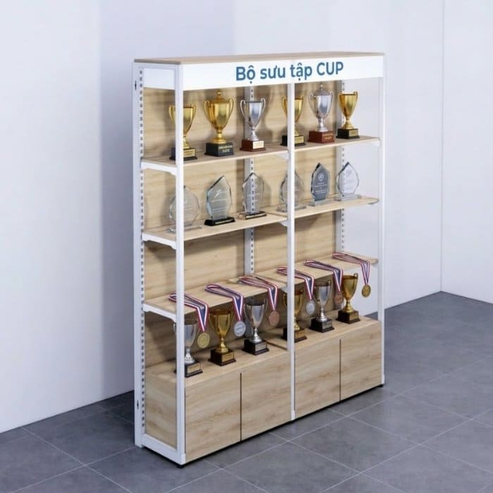Kệ gỗ kèm tủ vừa trưng bày vừa lưu trữ cúp