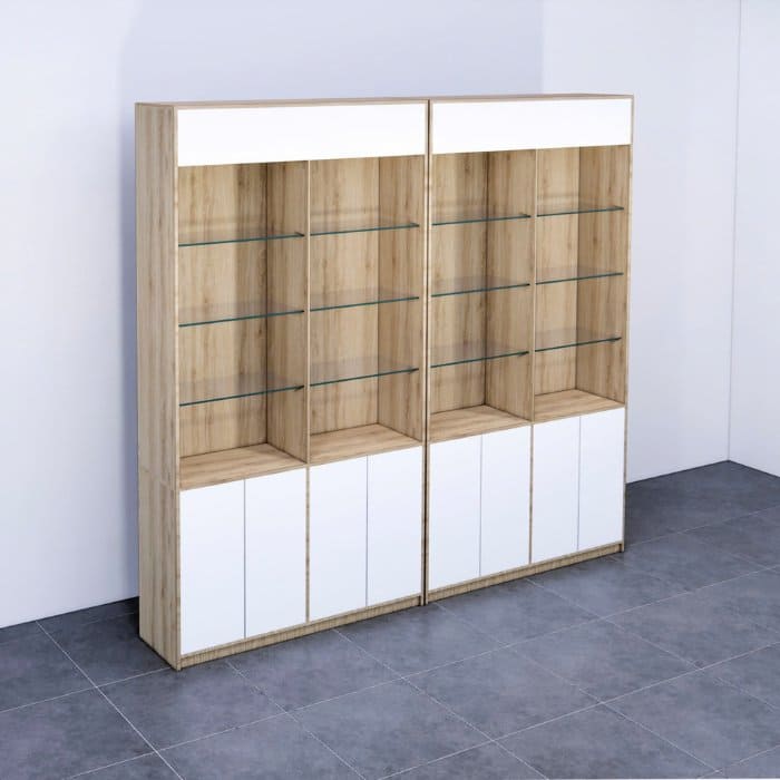 Kệ gỗ phối mặt kính cho salon tóc cao cấp