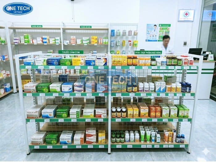 Kệ khung sắt mặt gỗ đẹp trưng bày thuốc tây