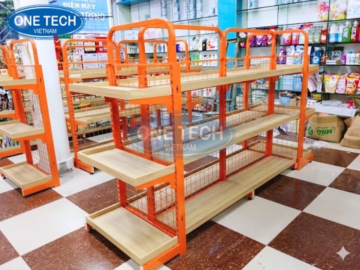 Kệ khung sắt màu cam mặt gỗ