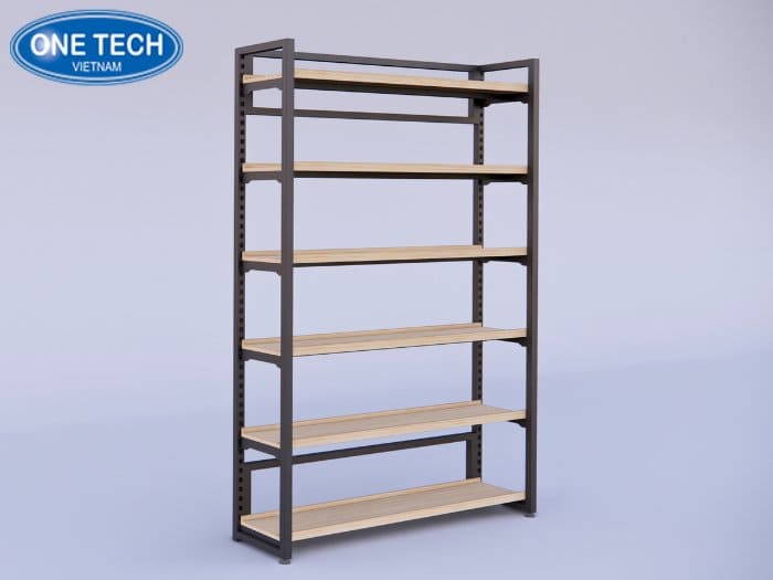 Kệ sắt hộp vuông phối gỗ công nghiệp 6 tầng