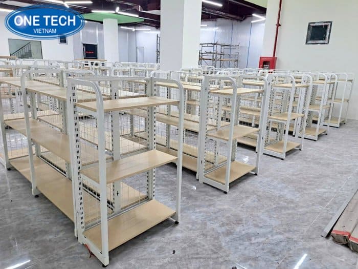 Kệ sắt hộp vuông phối gỗ công nghiệp 3 tầng