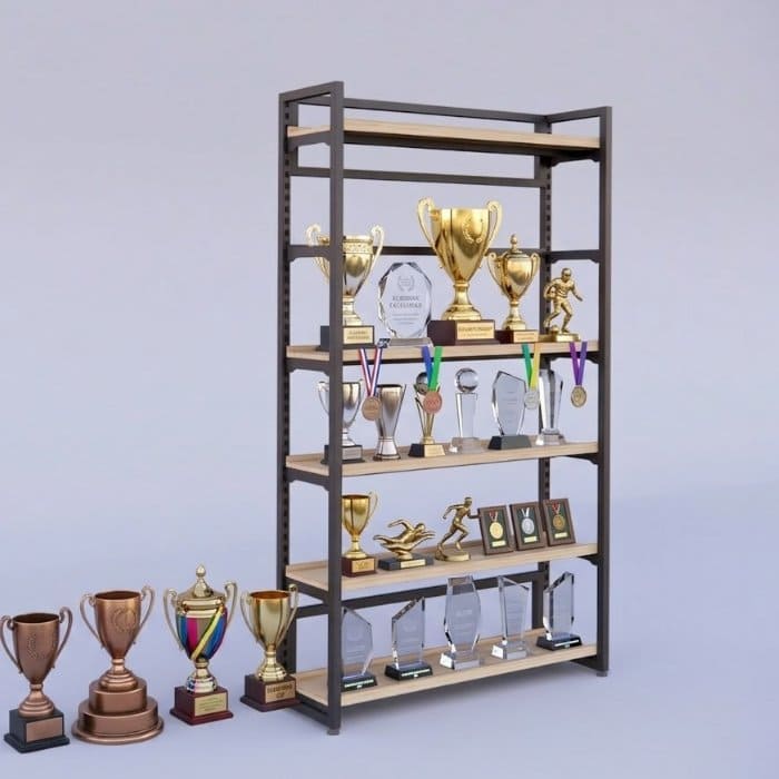 Kệ sắt phối mặt gỗ trưng bày cúp thẩm mỹ