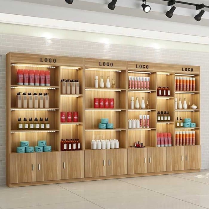 Kệ trưng bày salon tóc phối tủ khóa