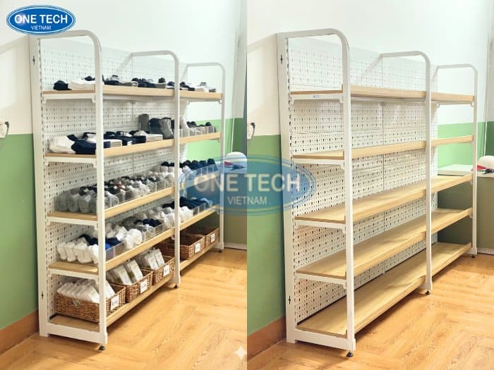 Kệ khung sắt mặt gỗ trưng bày tất