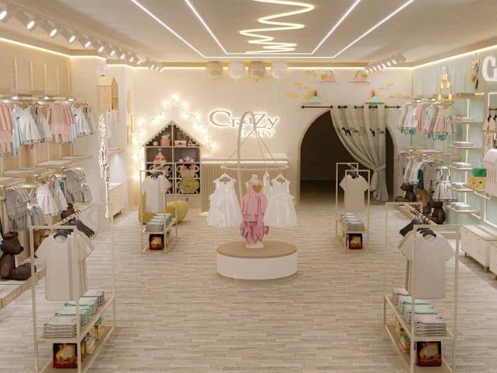 Thiết kế cửa hàng quần áo trẻ em không gian rộng