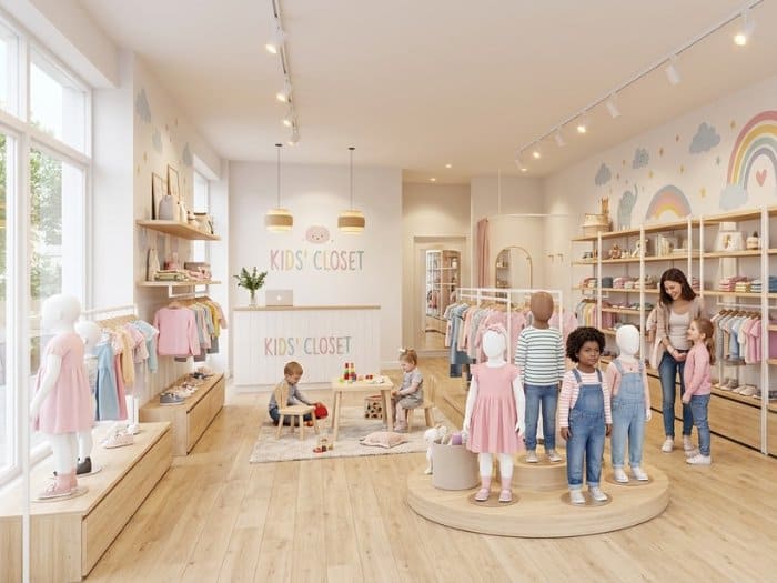 Thiết kế cửa hàng quần áo trẻ em tông màu be kết hợp sàn gỗ sáng