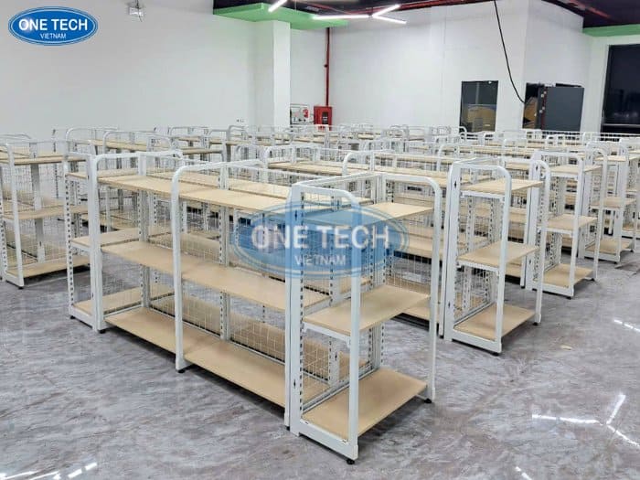 Kệ khung sắt mặt gỗ cao cấp cho siêu thị