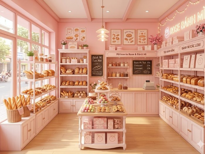 Mẫu thiết kế cửa hàng bánh mì màu hồng dễ thương