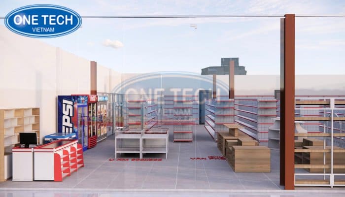 Mẫu thiết kế siêu thị mini mới đẹp, phân khu bằng nhiều dòng kệ 01
