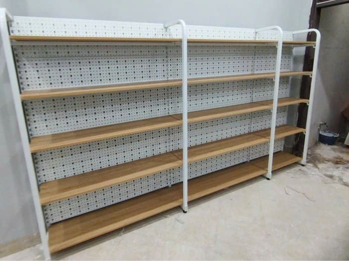 Kệ siêu thị khung sắt mặt gỗ