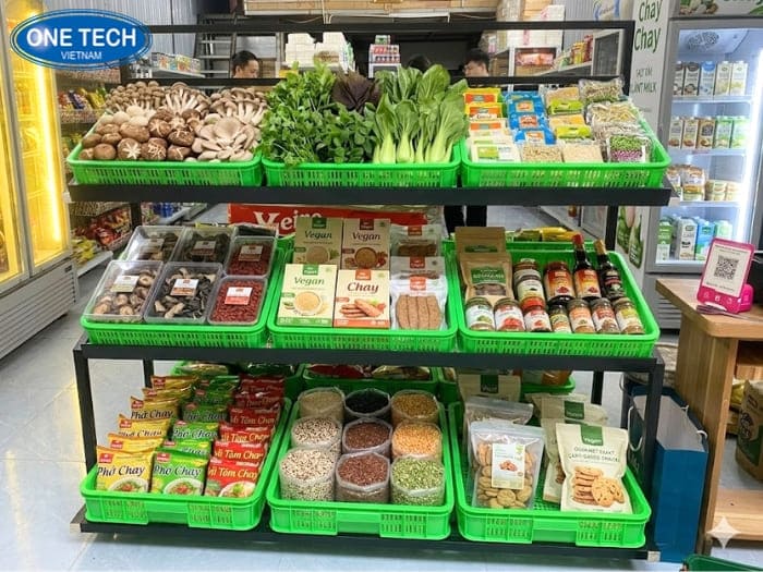 Kệ khay nhựa cỡ lớn trưng bày thực phẩm chay tươi