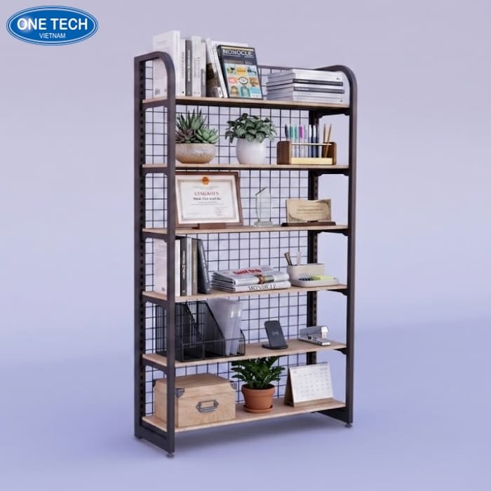 Kệ sắt trang trí văn phòng phối gỗ đẹp mắt