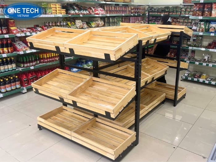 Kệ khay gỗ bày thực phẩm chay