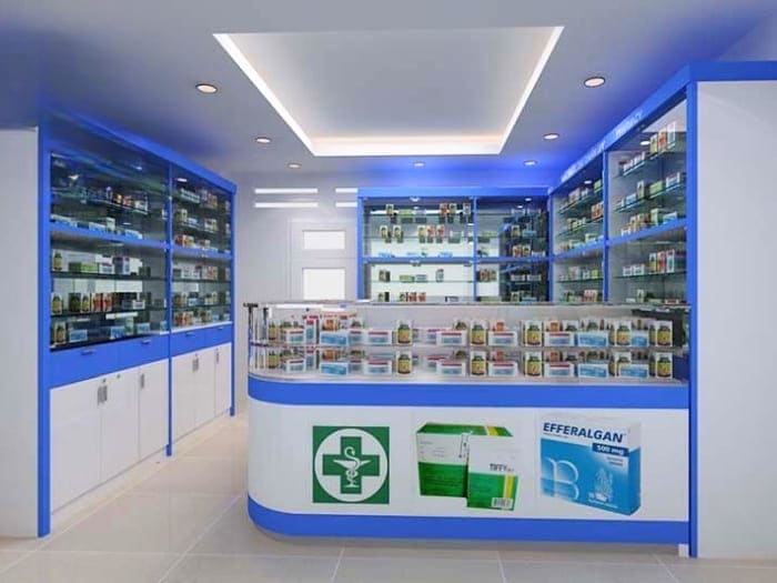 Mẫu nhà thuốc khép kín chuyên nghiệp với tông xanh dương