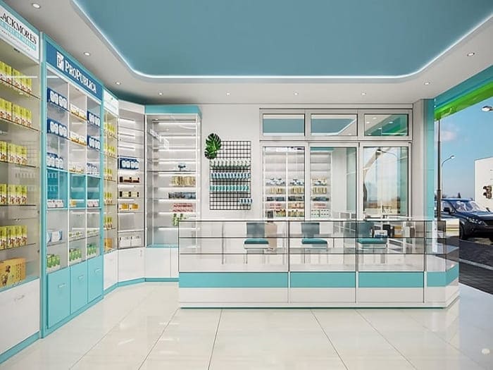Mẫu thiết kế cao cấp với hệ kệ kính sang trọng cho nhà thuốc
