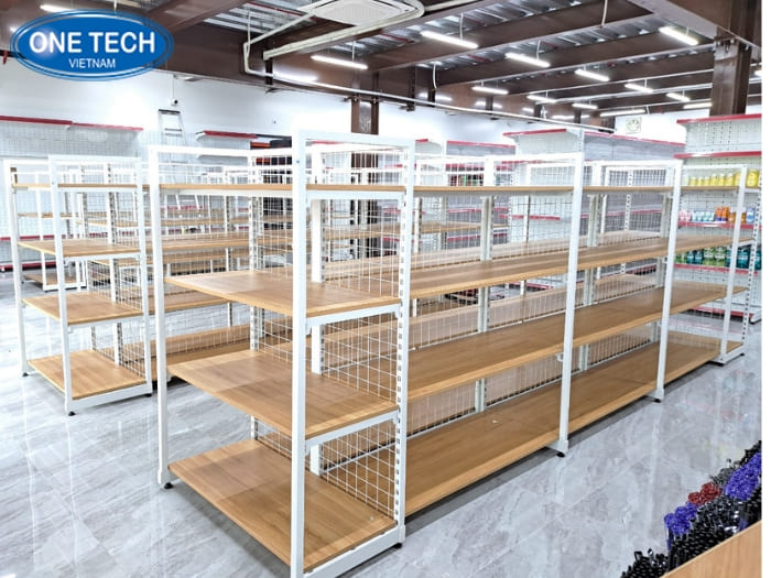 Kệ khung sắt mặt gỗ trưng bày sang trọng