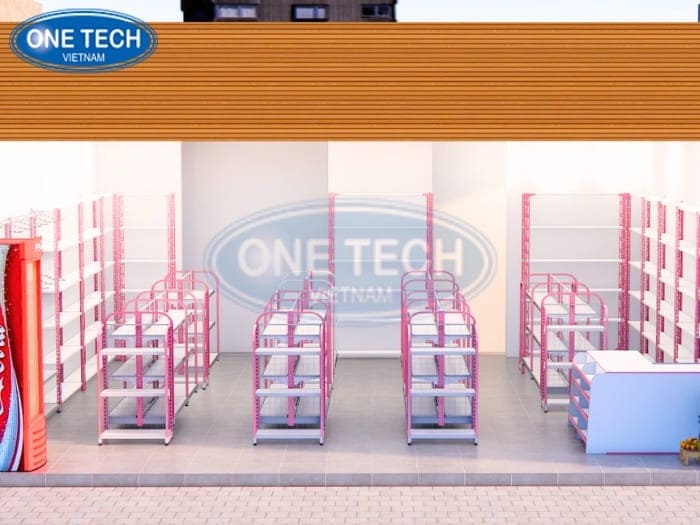Mẫu thiết kế siêu thị 60m2 toen màu trắng hồng