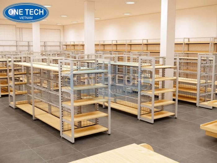 Mẫu thiết kế siêu thị mini với hệ thống kệ khung sắt phố gỗ 02
