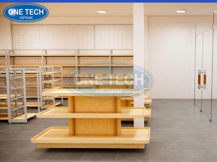 Mẫu thiết kế siêu thị mini với hệ thống kệ khung sắt phố gỗ 03