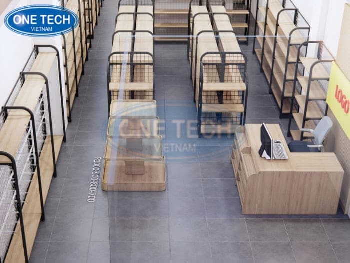 Mẫu thiết kế siêu thị với kệ khung sắt mâm gỗ
