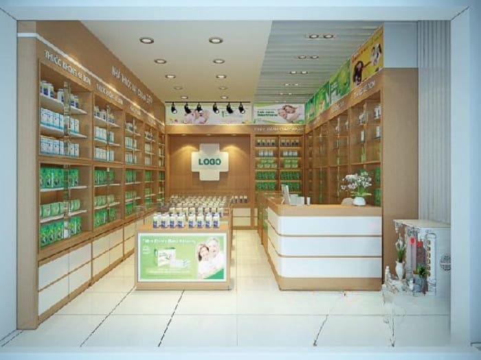 Mẫu thiết kế tiệm thuốc tông gỗ ấm áp kết hợp đảo kệ trung tâm