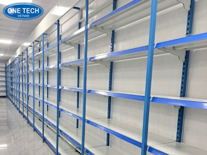 Kệ 7 tầng siêu thị màu trắng phối xanh
