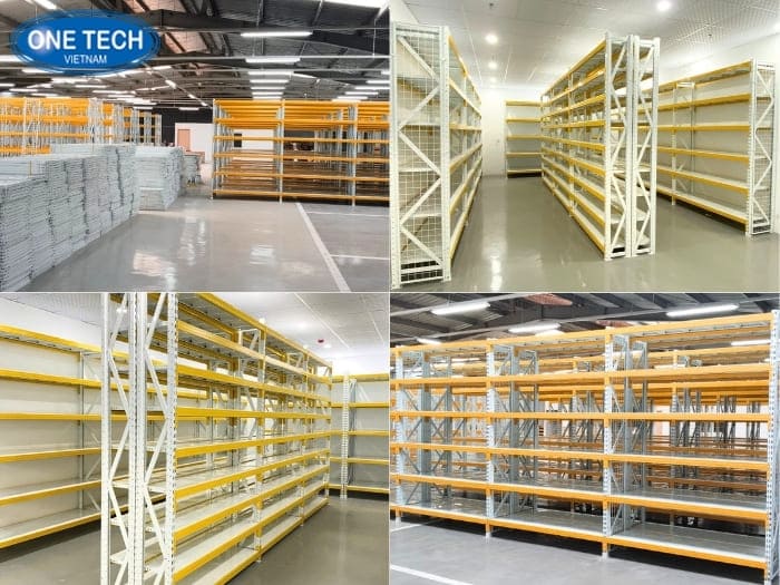 Kệ kho trung tải màu vàng trắng nổi bật