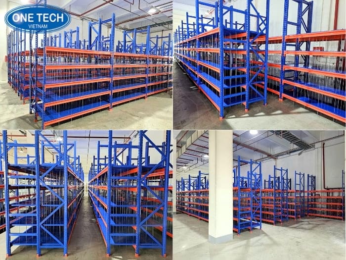 Kệ trung tải màu xanh cam có lưới chắn 